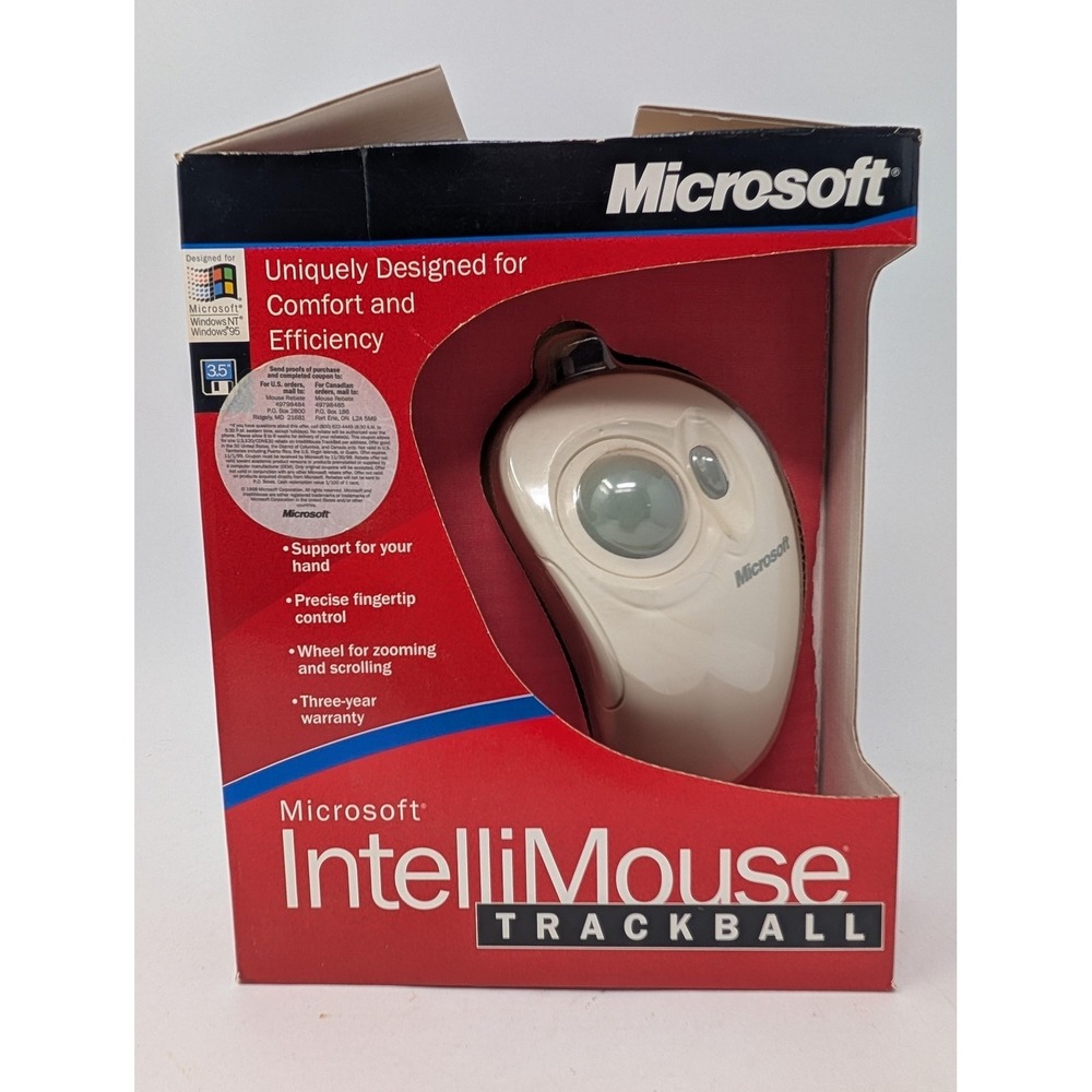 Vintage Microsoft IntelliMouse TrackBall White Wired‎ Ergonomic Scroll X03-79448